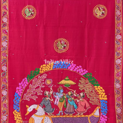 Red Radha Krishna Boita Pattachitra Silk Saree