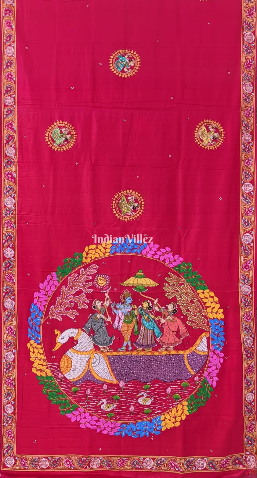 Red Radha Krishna Boita Pattachitra Silk Saree