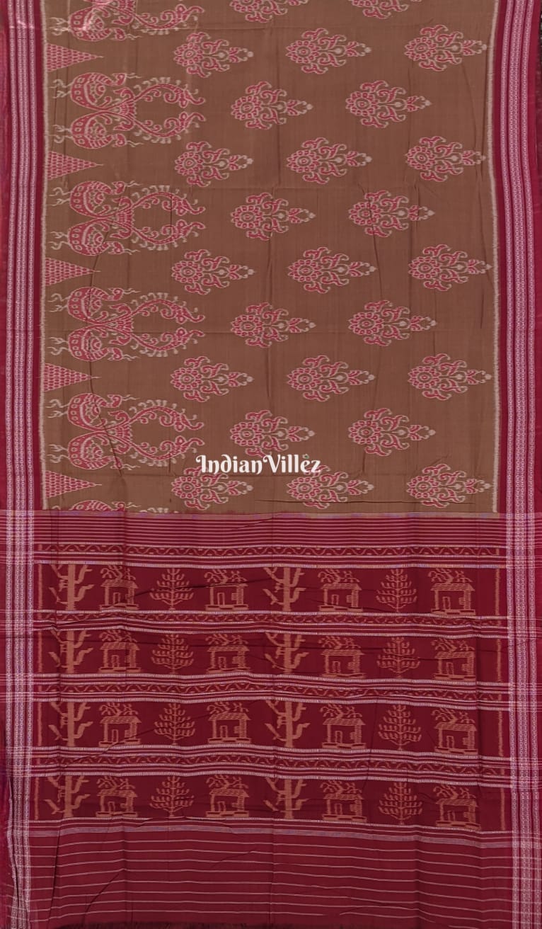 Bronze Peacock & Flower Motif Sambalpuri Cotton Saree