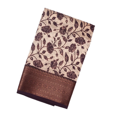 Burgundy Woven Chanderi Cotton Saree With Printed Floral Motifs