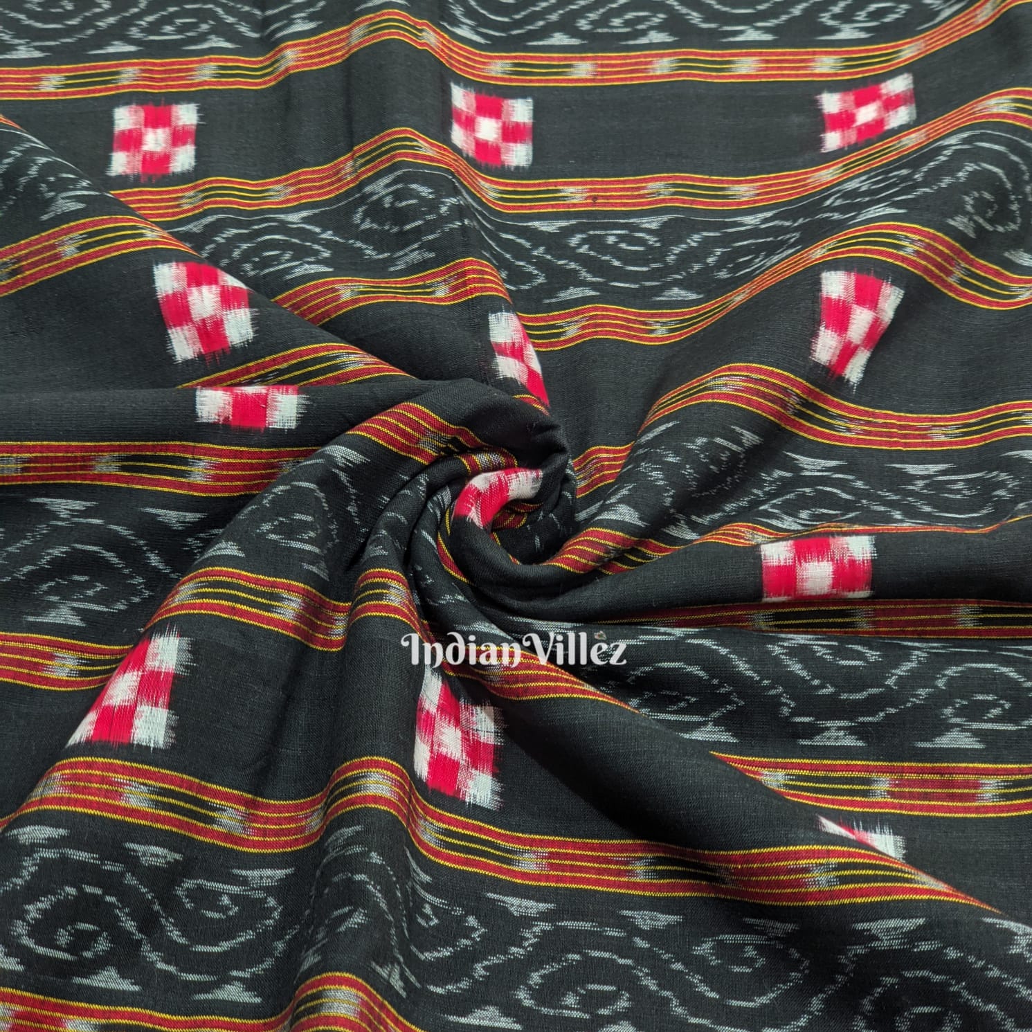 Black Pasapali Motif Odisha Ikat Sambalpuri Cotton Fabric