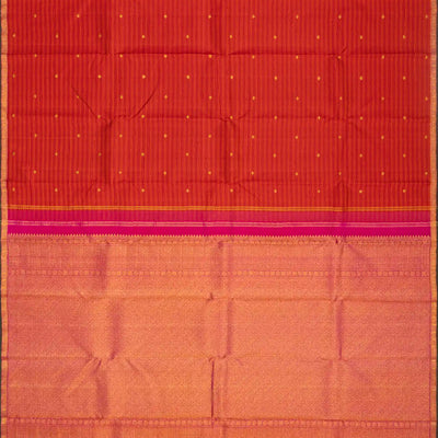 Red Handloom Kanchipuram Silk Saree With Stripes & Buttas