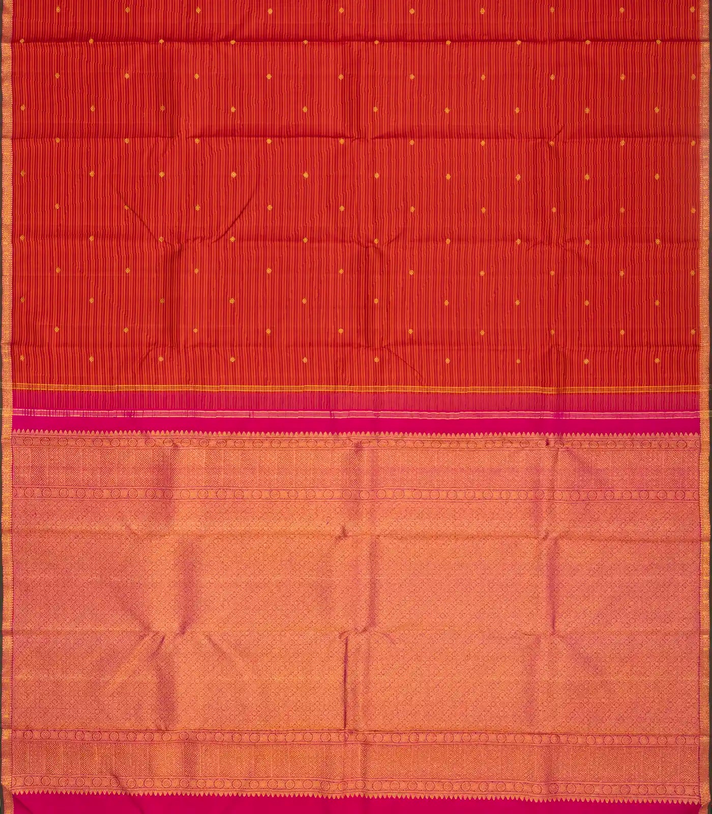 Red Handloom Kanchipuram Silk Saree With Stripes & Buttas