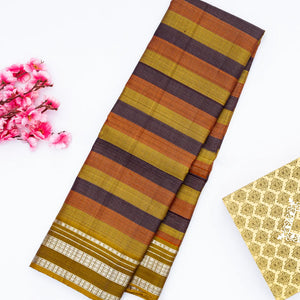 Dark Olive Handloom Kanchipuram Silk Saree With Multi Colour & Zari Stripes
