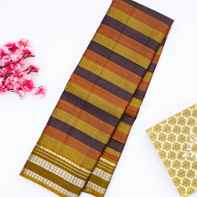 Dark Olive Handloom Kanchipuram Silk Saree With Multi Colour & Zari Stripes