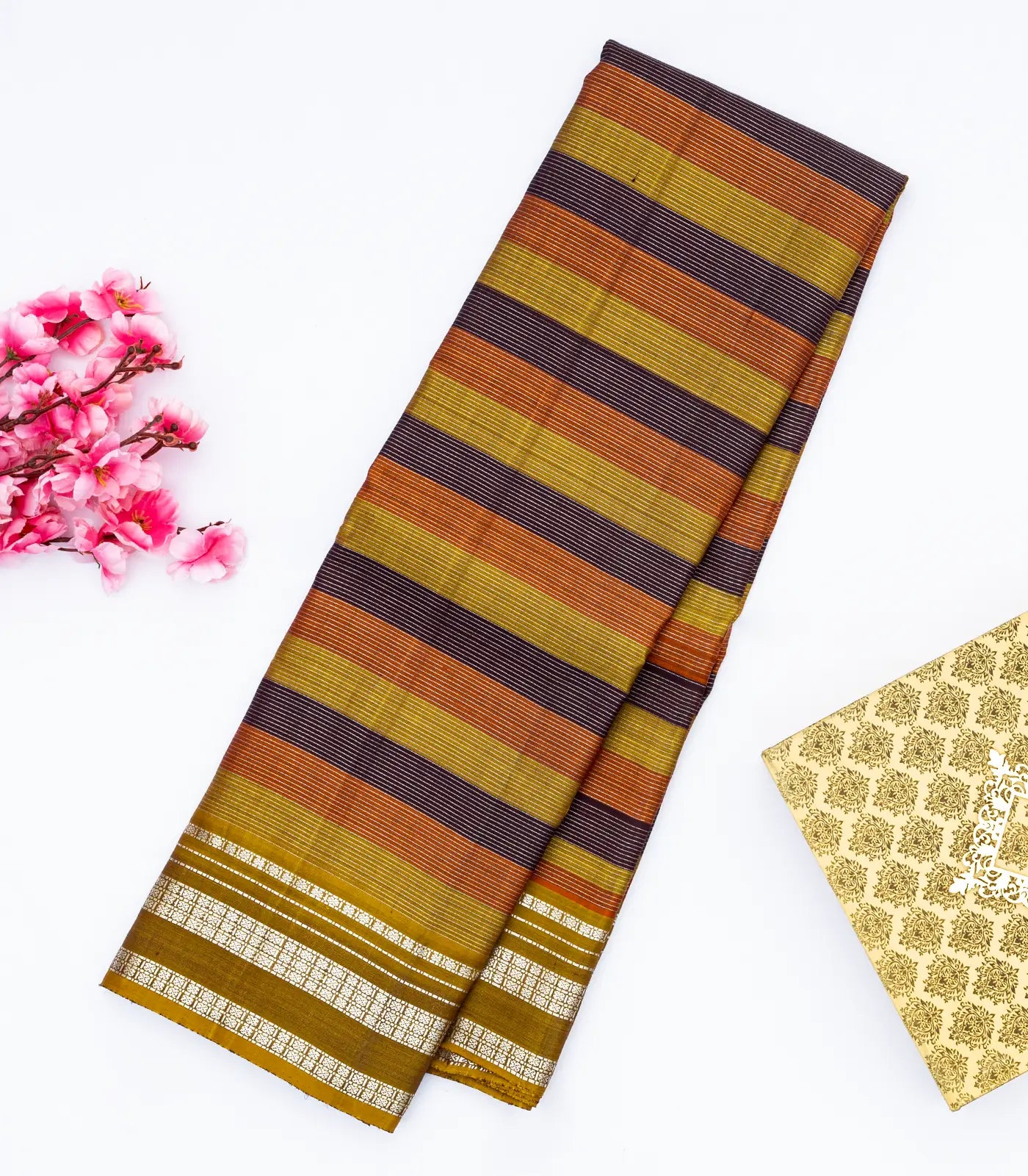 Dark Olive Handloom Kanchipuram Silk Saree With Multi Colour & Zari Stripes