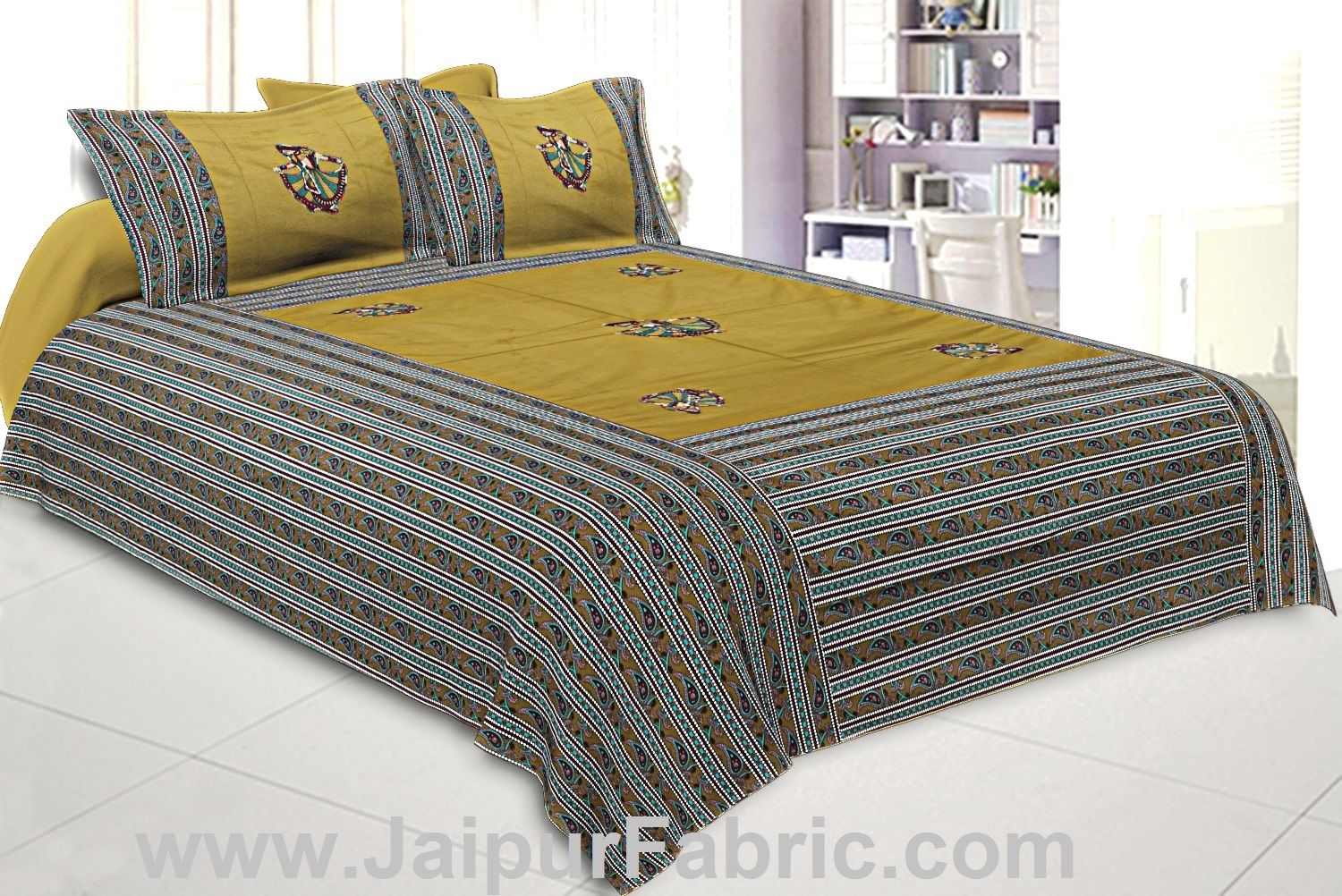 Double Bedsheet Mustard Color Patchwork applique design