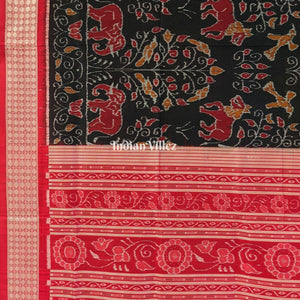 Black Animal Theme Sambalpuri Ikat Silk Saree