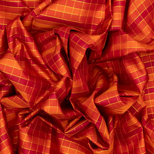 Red & Orange Handloom Kanchipuram Silk Saree With Checks