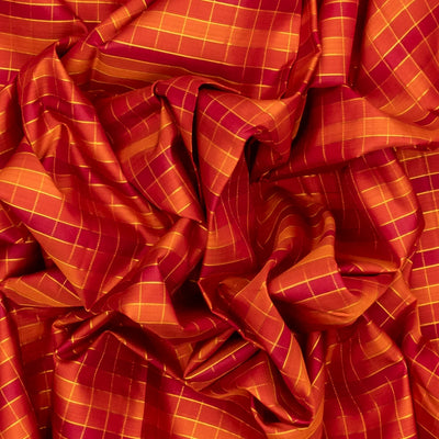 Red & Orange Handloom Kanchipuram Silk Saree With Checks