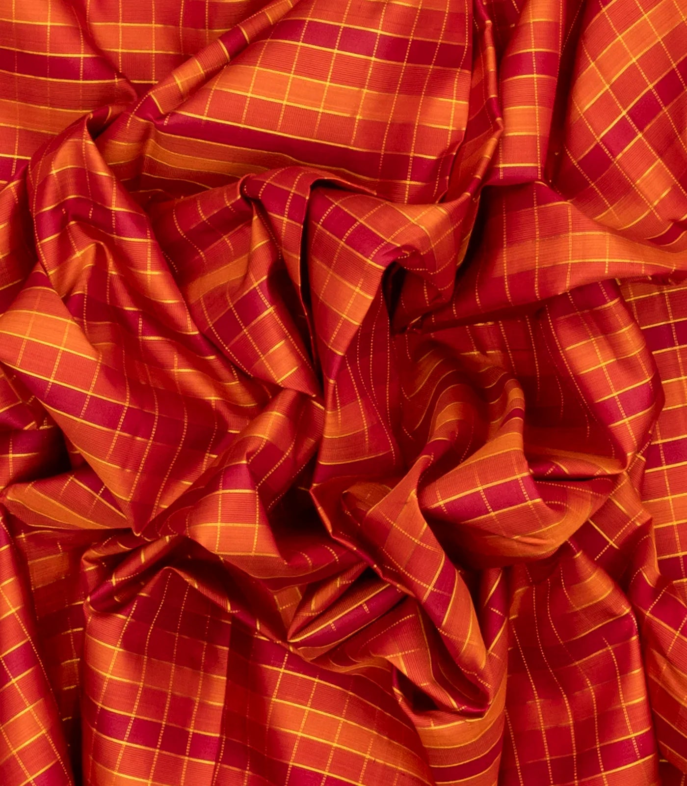 Red & Orange Handloom Kanchipuram Silk Saree With Checks