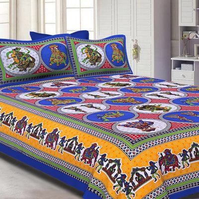 Blue base Jaipur doli design  with elephant Print Double Bed Sheet and Pillow Covers