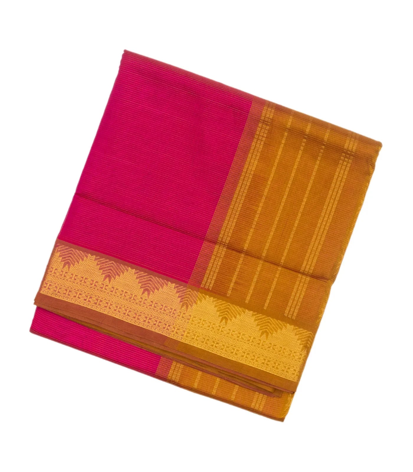 Hot Pink Handloom Silk Cotton Saree With Zari Stripes