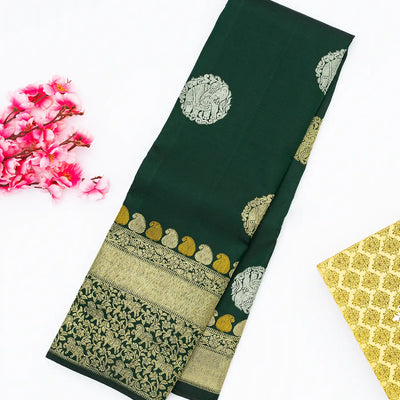 Bottle Green Handloom Kanchipuram Silk Saree With Elephant Motif Buttas