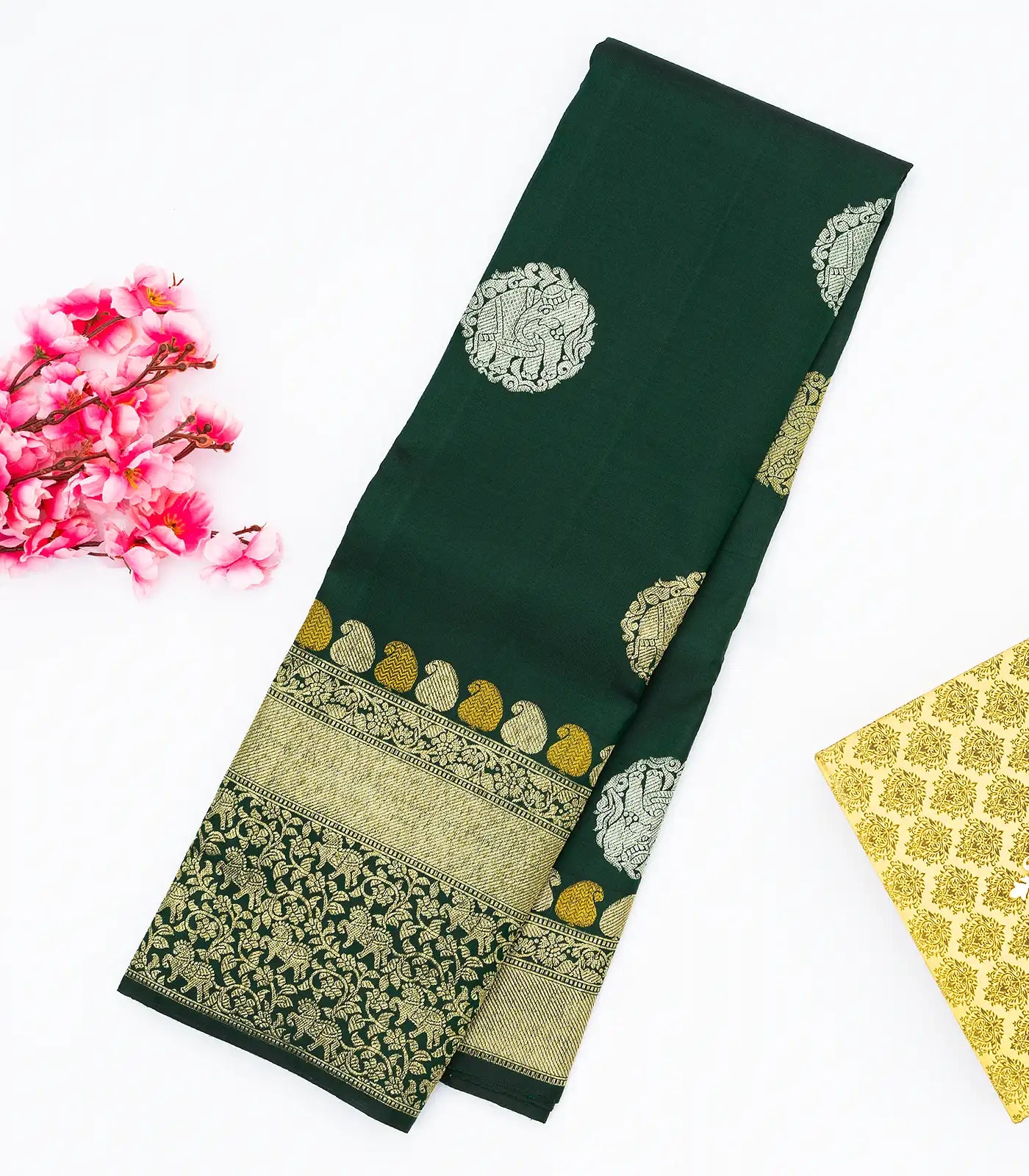 Bottle Green Handloom Kanchipuram Silk Saree With Elephant Motif Buttas
