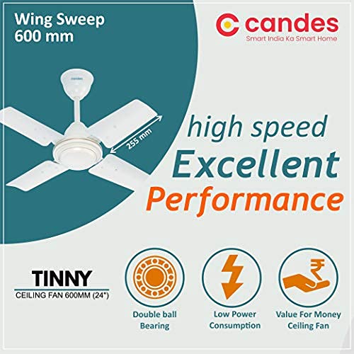 Candes TINNY 600 mm / 24 Inch High Speed 4 Blade Ceiling Fan with 2 Yrs. Warranty Brown (Pack of 1 White)