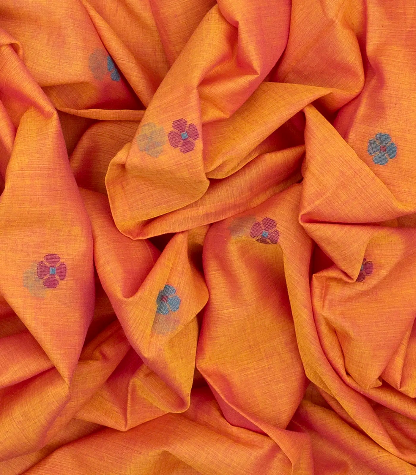 Orange Handloom Bengal Cotton Saree With Bird Motifs