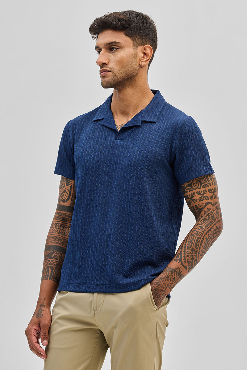 Dark Blue Textured Cuban T-Shirt