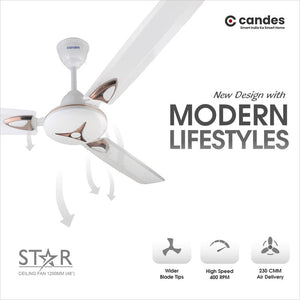 Candes Star High Speed Decorative Anti-Dust Ceiling Fan with 405 RPM with 2 Years Of Warranty (1200mm, White) (Pack of 1)