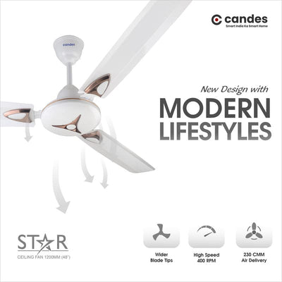 Candes Star High Speed Decorative Anti-Dust Ceiling Fan with 405 RPM with 2 Years Of Warranty (1200mm, White) (Pack of 1)