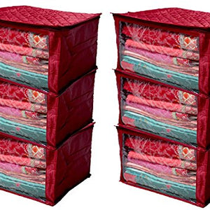 Kuber Industries 6 Piece Quilted Satin Saree Cover Set, Maroon