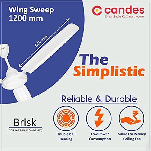 Candes New Brisk High Speed 1200 mm /48 inch Matt Finish Ceiling Fan For Home 405-RPM with 2 Yrs Warranty (Pack of 1,White)