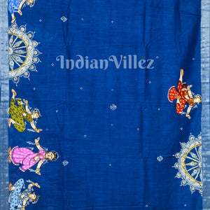 Blue Radha Krishna Rasa Theme Hand-Painted Pattachitra Saree