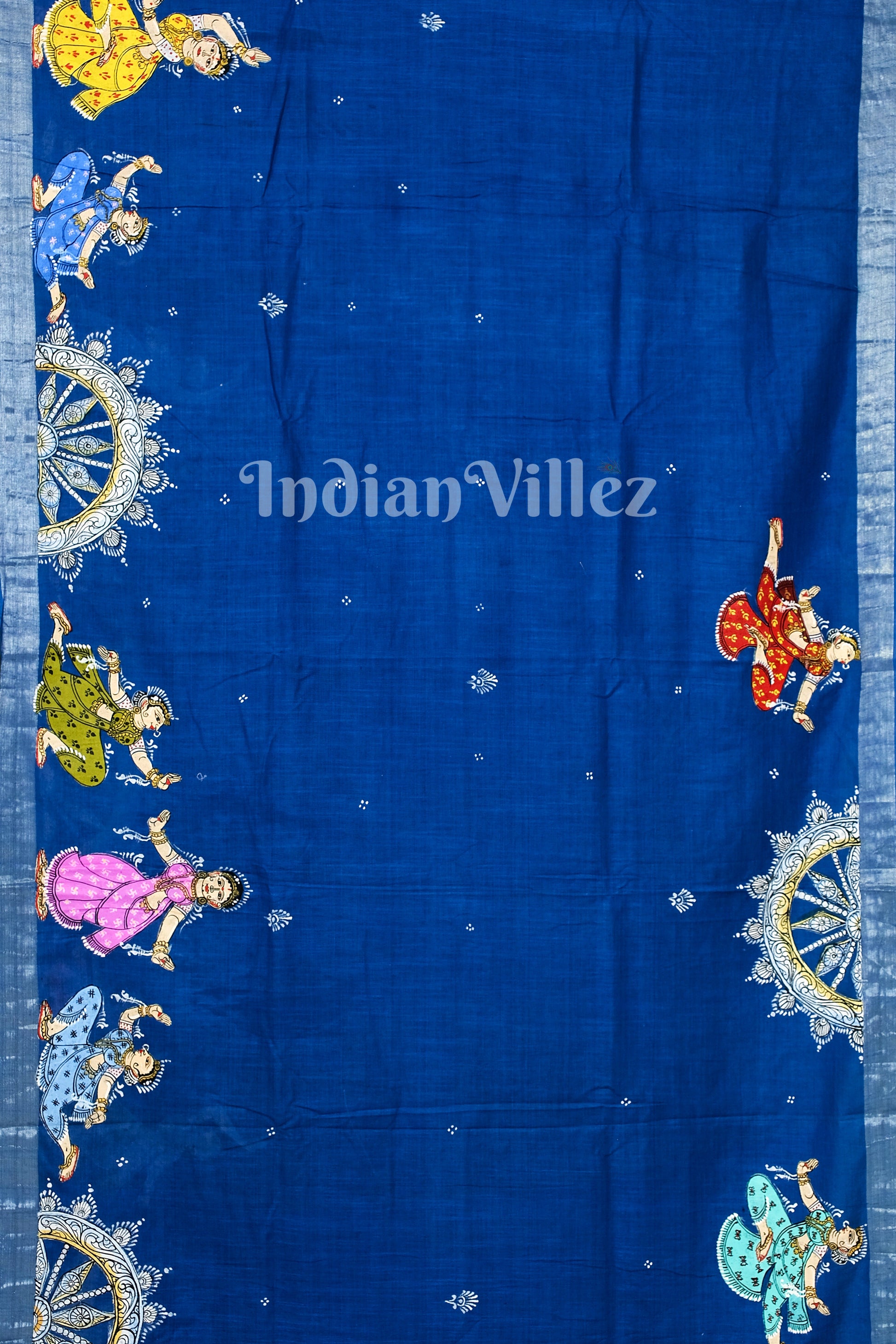 Blue Radha Krishna Rasa Theme Hand-Painted Pattachitra Saree