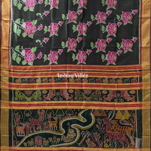 Black Rose Flower Theme Khandua Silk Saree