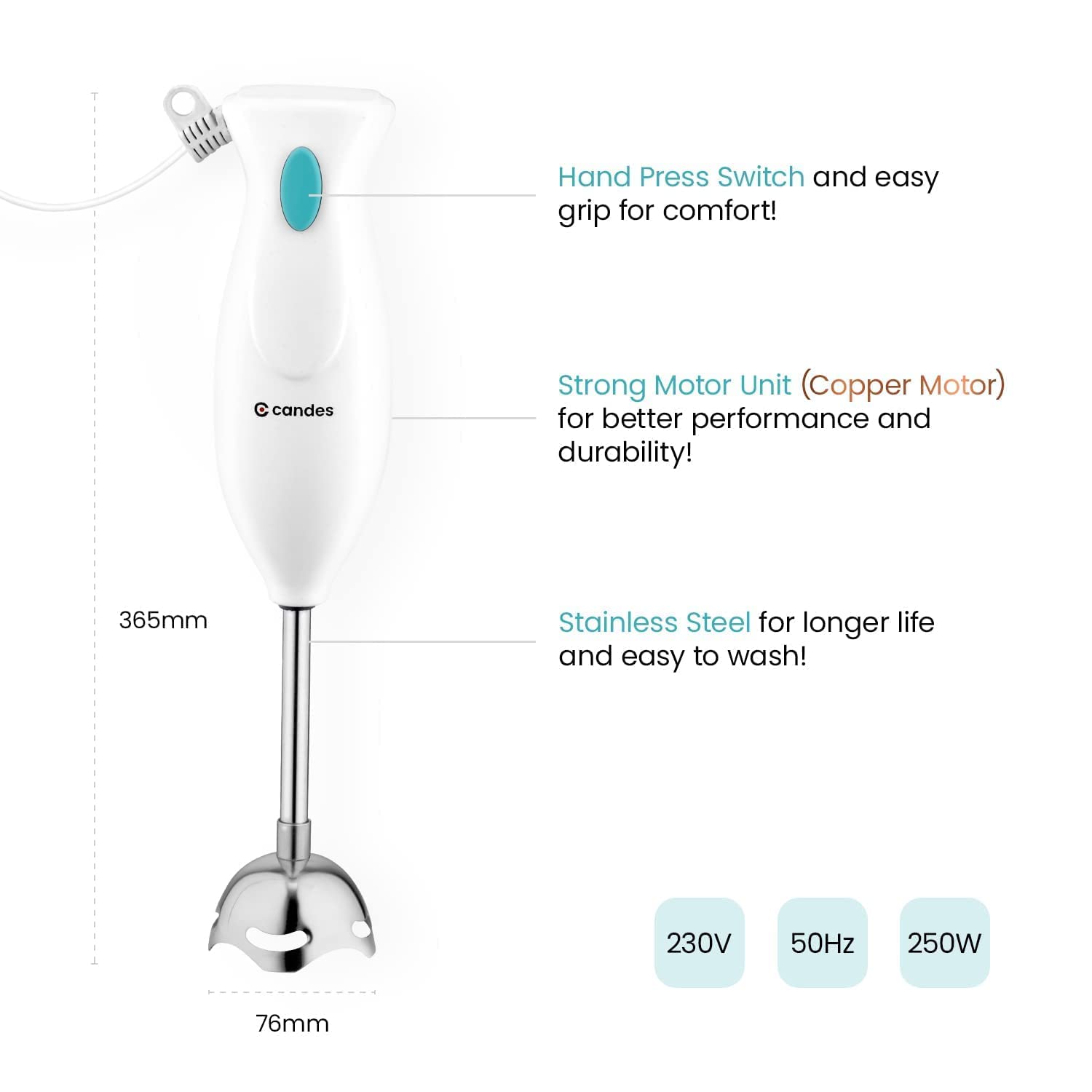 Candes Hand Blender 250 Watts, 1 Year Warranty, White - Green