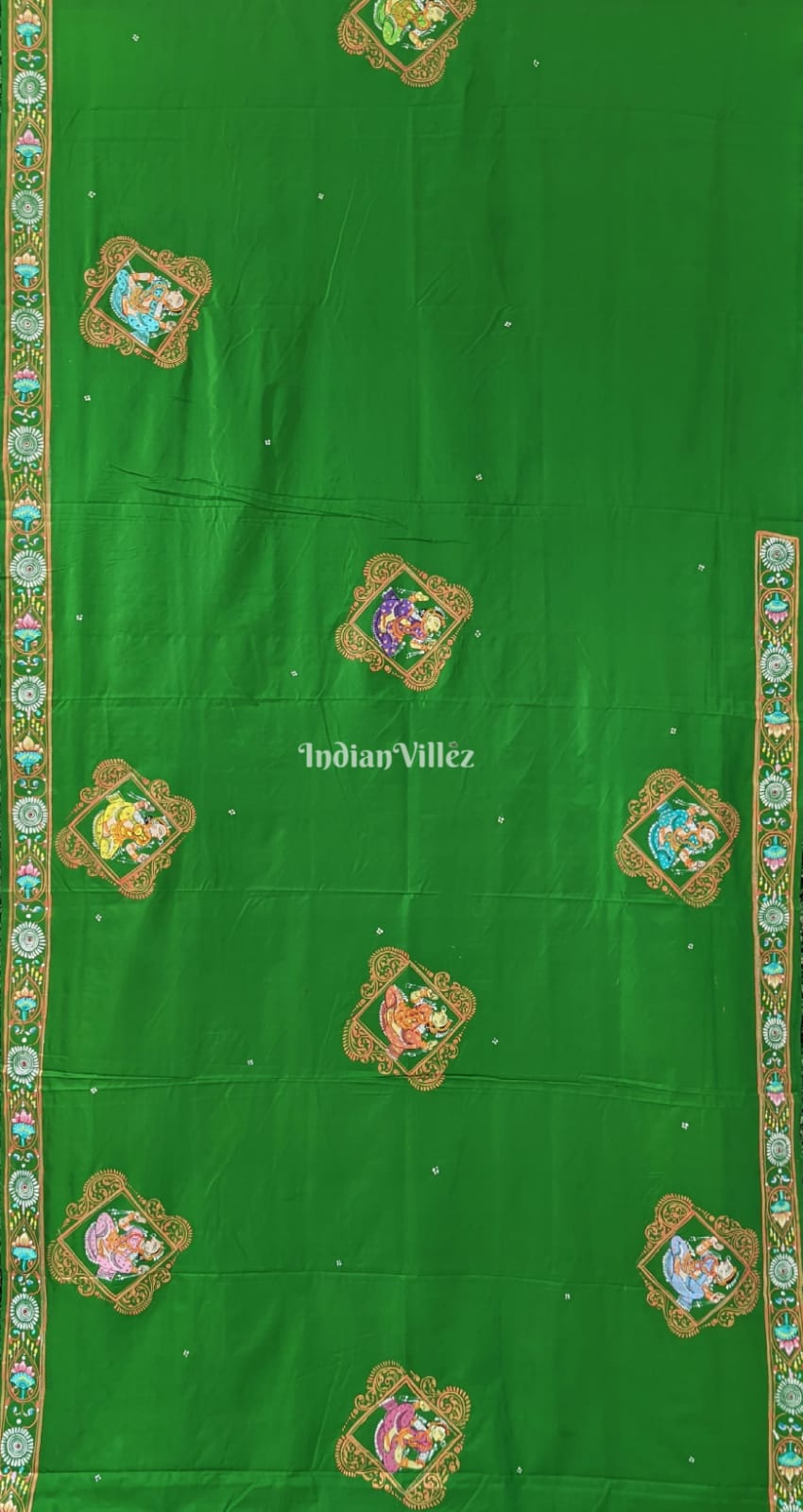 Green Radha Krishna Dashavatara Pattachitra Saree