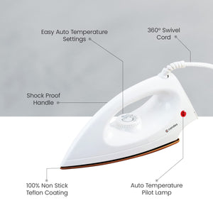 Candes Iron Press | 2 Year Warranty | Iron box, Electric iron, Dry Iron, Electric Iron Press for Clothes, EI107 1000-Watt, Light Weight Electric Dry Iron 100% Non-Stick Teflon Coating (White)