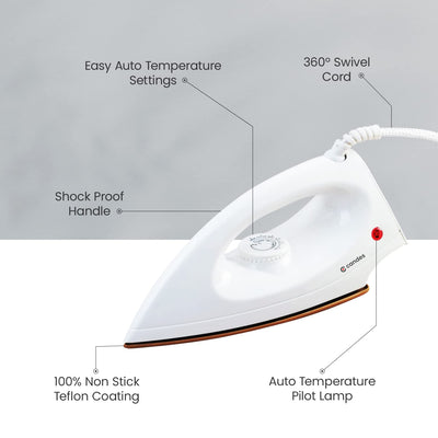 Candes Iron Press | 2 Year Warranty | Iron box, Electric iron, Dry Iron, Electric Iron Press for Clothes, EI107 1000-Watt, Light Weight Electric Dry Iron 100% Non-Stick Teflon Coating (White)
