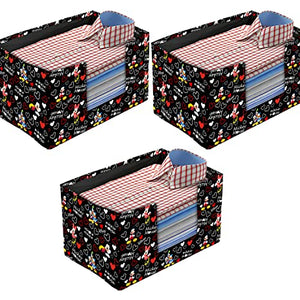 Kuber Industries Non-Woven Mickey Mouse Print Foldable Shirt Stacker/Wardrobe Organizer For Shirts, Sarees, Lehengas With Handle Pack of 3 (Black) 54KM4185
