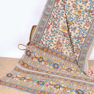 Cream floral & bird machine-print kalamkari cotton saree, contrast diamond border & kaleidoscopic floral printed pallu