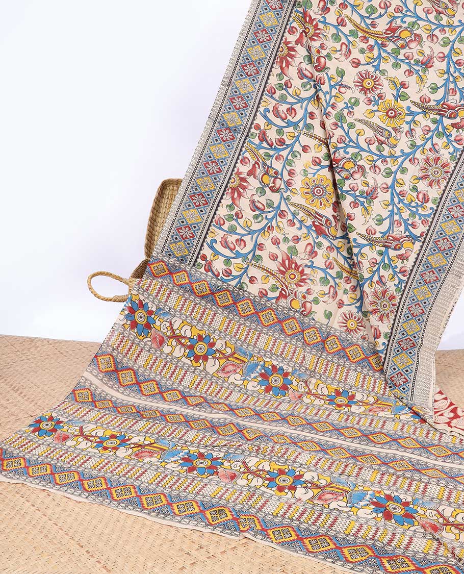 Cream floral & bird machine-print kalamkari cotton saree, contrast diamond border & kaleidoscopic floral printed pallu