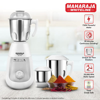 Maharaja Joy Max 750 Watts Mixer Grinder with 3 Jars | White