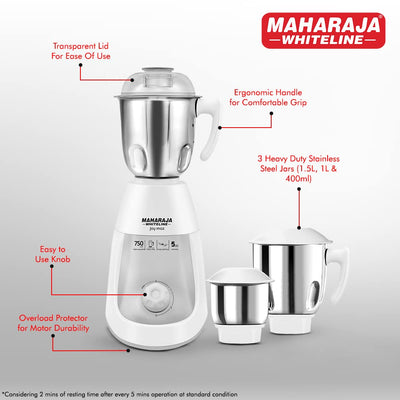 Maharaja Joy Max 750 Watts Mixer Grinder with 3 Jars | White