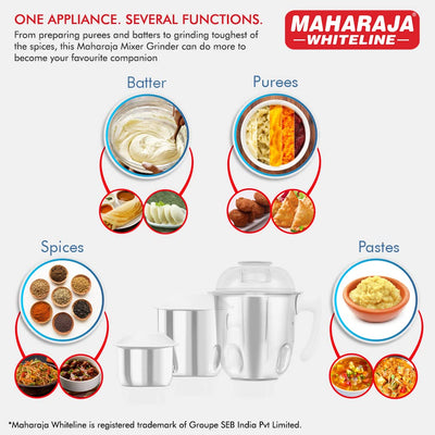 Maharaja Joy Max 750 Watts Mixer Grinder with 3 Jars | White