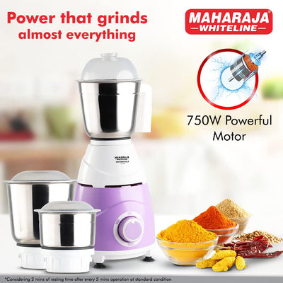 Maharaja Whiteline Mixtron DLX 750 Watts Mixer Grinder with 3 jars | Laverder & White