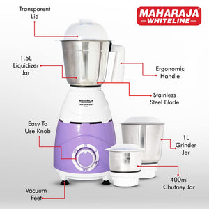 Maharaja Whiteline Mixtron DLX 750 Watts Mixer Grinder with 3 jars | Laverder & White