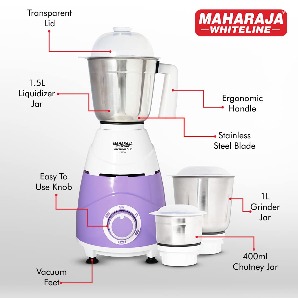 Maharaja Whiteline Mixtron DLX 750 Watts Mixer Grinder with 3 jars | Laverder & White