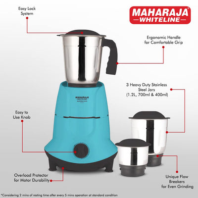 Maharaja Whiteline Superio EVO 500 Watts Mixer Grinder with 3 Jars | Black & Blue