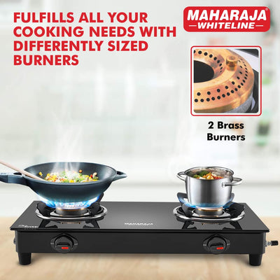 Maharaja Whiteline Belenus Neo 2 Burner  Glass Top Gas Stove | Black