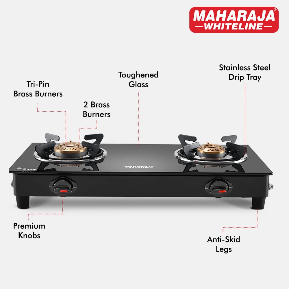 Maharaja Whiteline Belenus Neo 2 Burner  Glass Top Gas Stove | Black