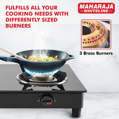 Maharaja Whiteline Belenus Neo 3 Burner Glass Top Gas Stove | Black