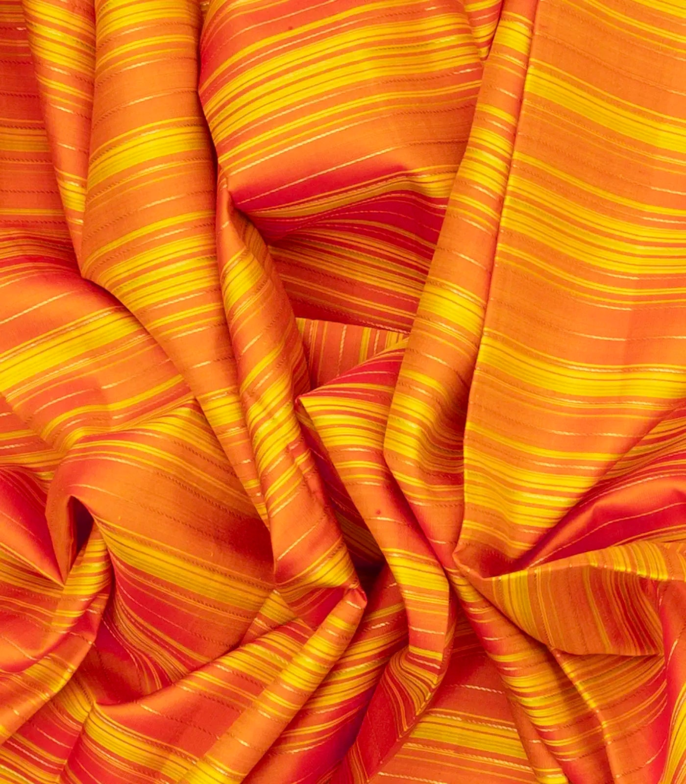 Orange & Yellow Handloom Kanchipuram Silk Saree Korvai With Stripes