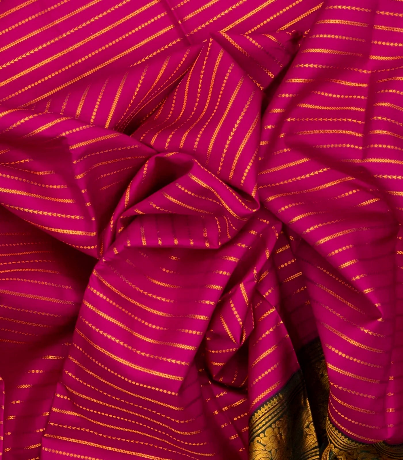 Hot Pink Silk Saree With Zari Stripes & Black Border