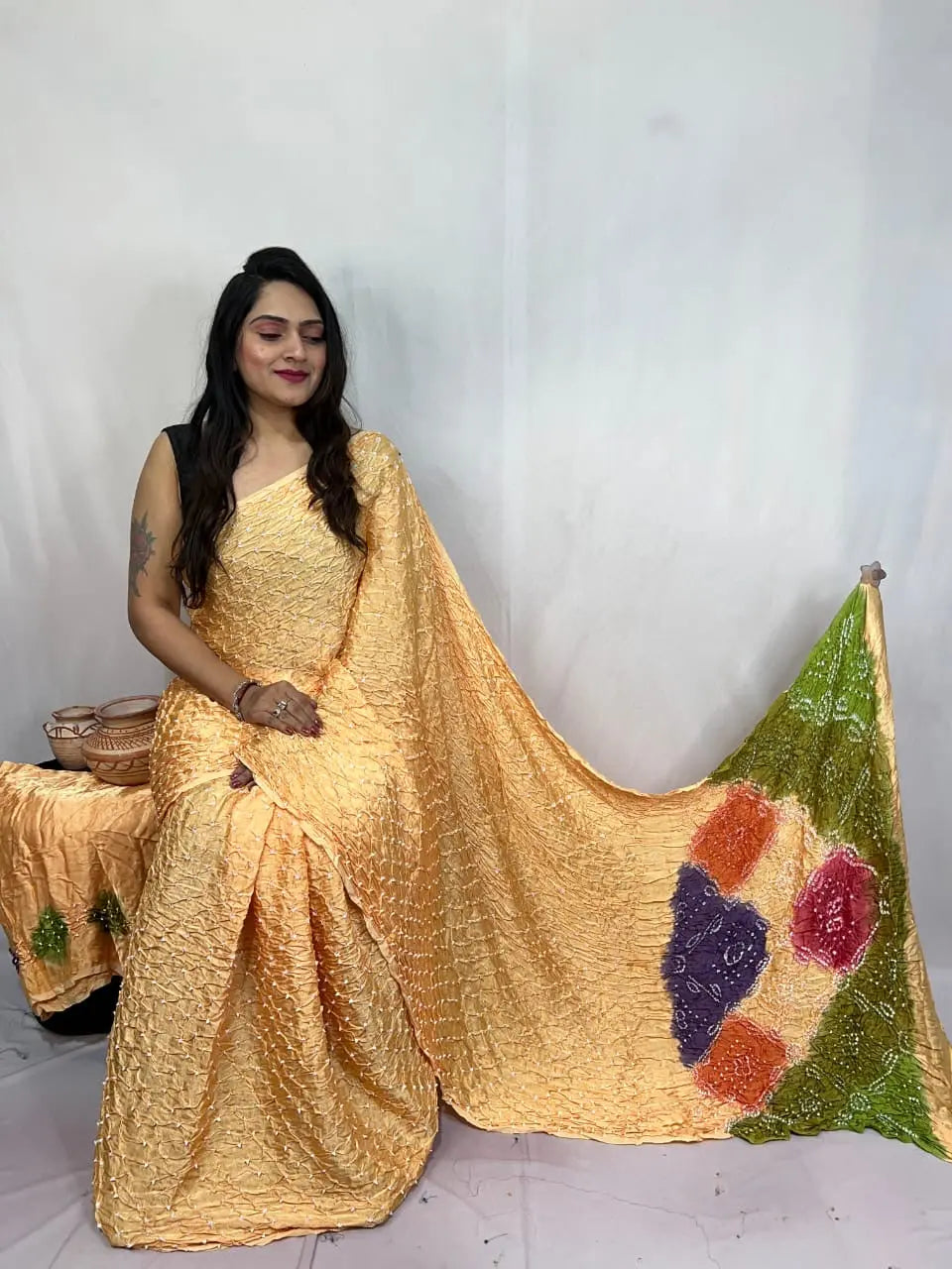 Pure Modal Silk Barik Bandhej Lagdi Pallu Bandhani Saree