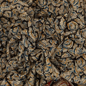 Black Handloom Kalamkari Cotton Saree And Printed Floral Motifs